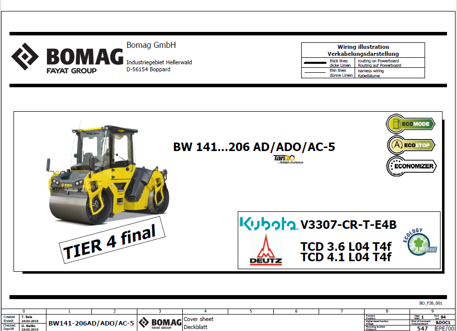 Bomag BW 141 AD-5 Tandem Vibratory Roller Electric & Hydraulic Schematic Manual