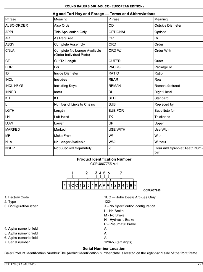 Complete John Deere 540 545 550 Baler Parts Book Manual PC3179 PDF Guide