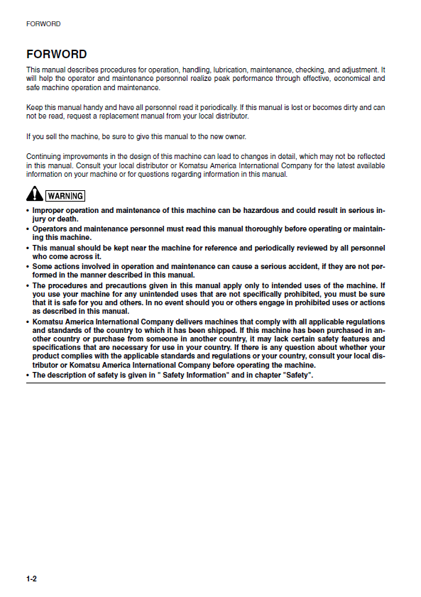 Complete Operator & Maintenance Manual for Komatsu WA95-3 Wheel Loader
