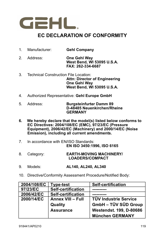 Download GEHL AL140 AL240 AL340 Operator Manual 918441 PDF