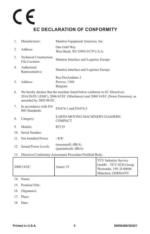 Download GEHL RT135 & RT135(EU) Operator Manual 50950466 PDF