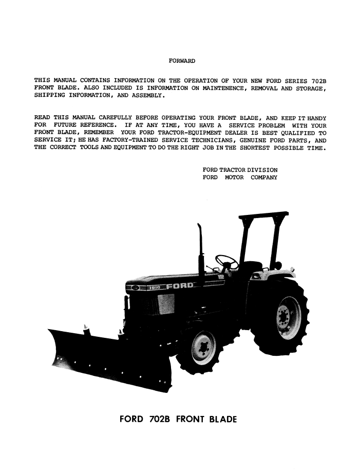 Ford 702B Front Blade 1910 2110 Operator Manual 42070216
