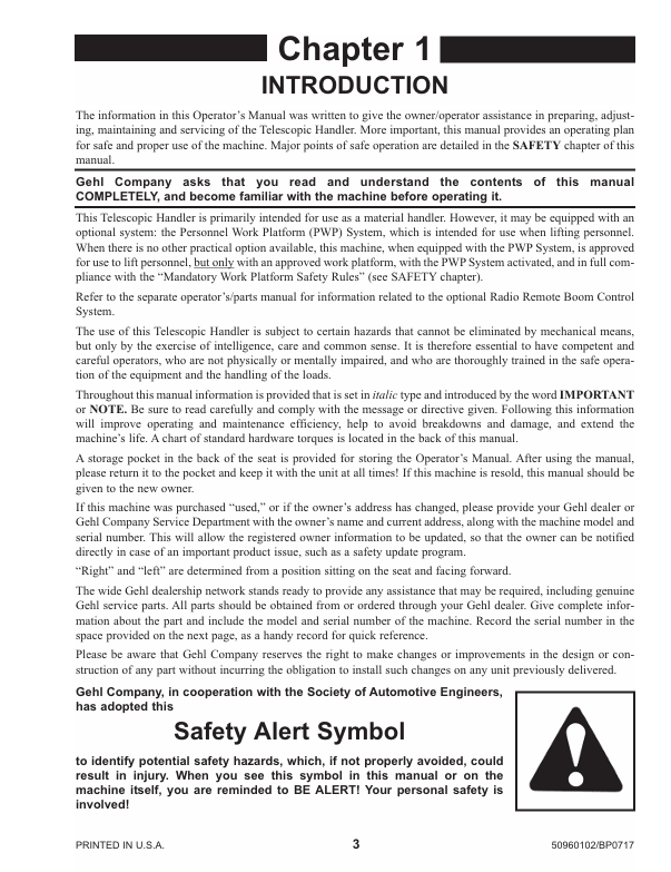 GEHL 50960102 DL7 DL9 DL11 DL12 Telescopic Handler Operator Manual PDF