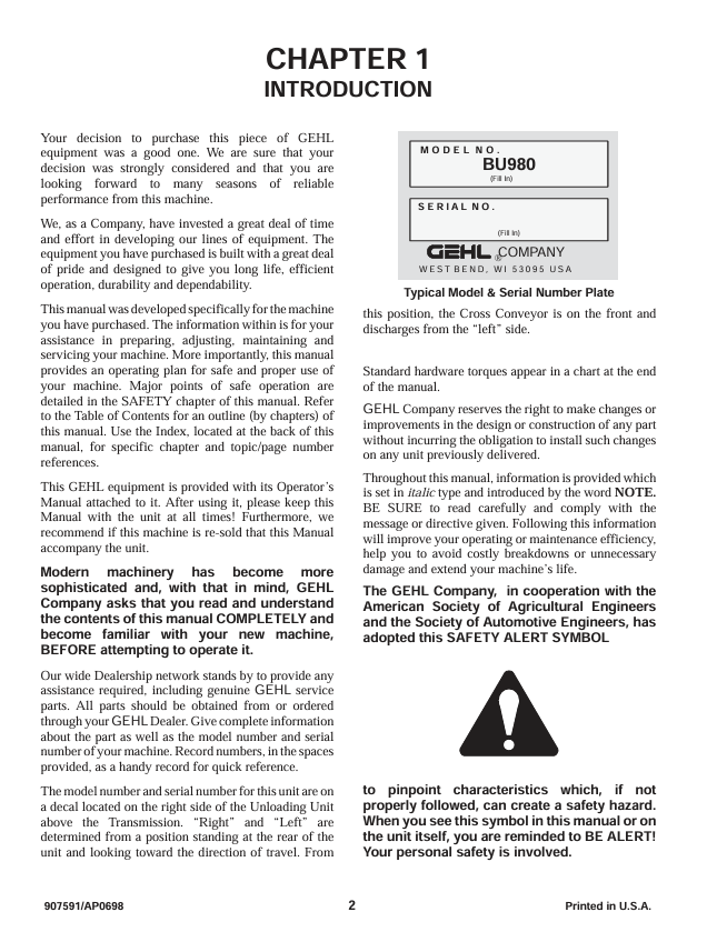 GEHL 980 Forage Box Operation and Maintenance Manual 907591 PDF
