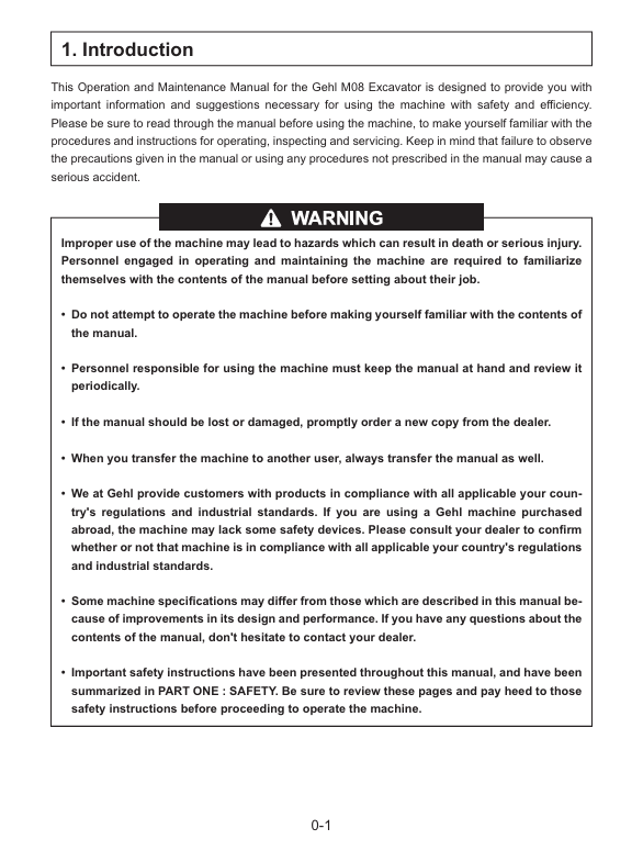 GEHL M08 Compact Excavator Operation and Maintenance Manual PDF