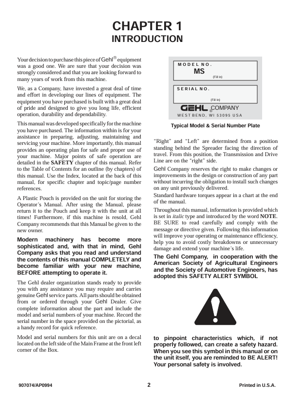 GEHL Manure Spreader 175, 250, 325, 425 Operator Manual 907074 PDF