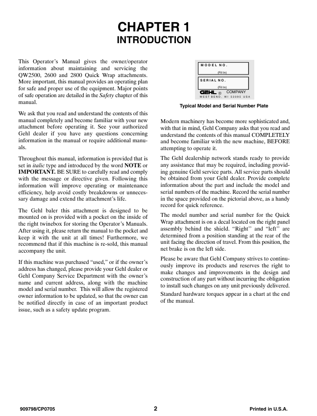 GEHL Quick Wrap Attachment 2500, 2600 & 2800 Operator Manual 909798 PDF