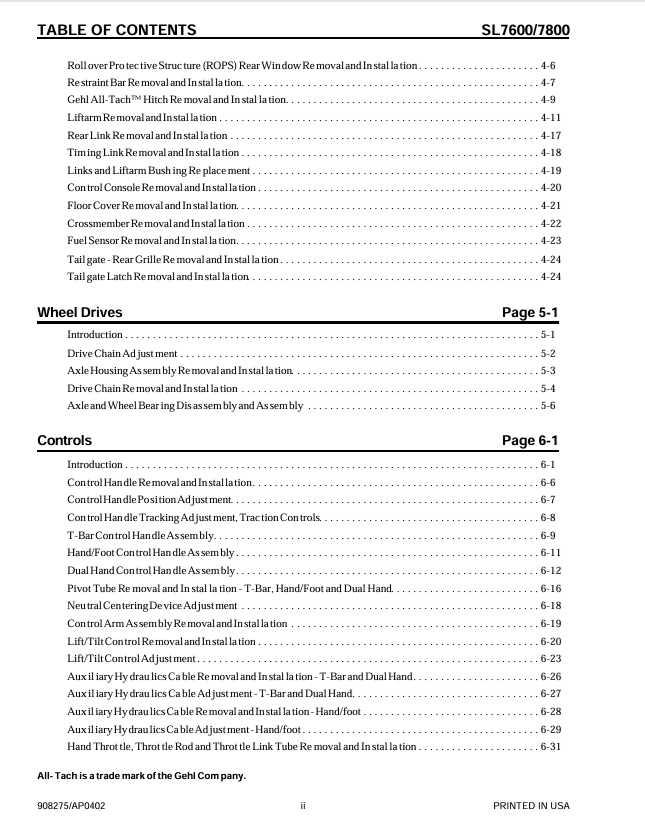 GEHL SL7600/SL7800 Skid Steer Loader Service Manual PDF