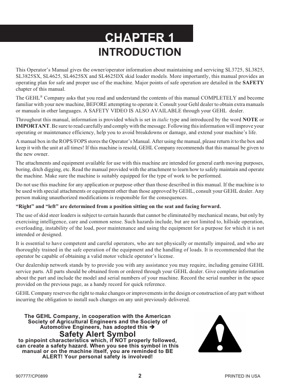 GEHL Skid Loader SL3725 SL3825 SL4625 Manual 907777 PDF