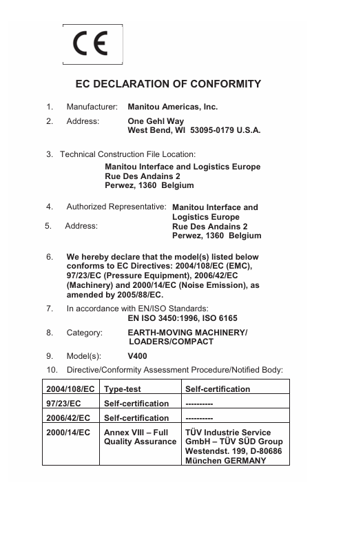 GEHL V400 (EU) Loader Operation and Maintenance Manual PDF