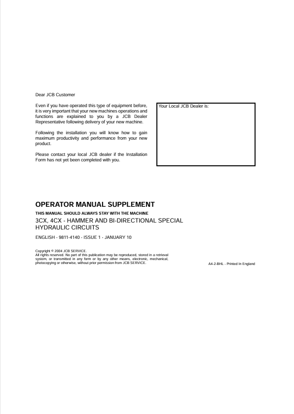 JCB 3CX, 4CX - HAMMER AND BI-DIRECTIONAL SPECIAL HYDRAULIC CIRCUITS SUPPLEMENT OPERATOR MANUAL PDF