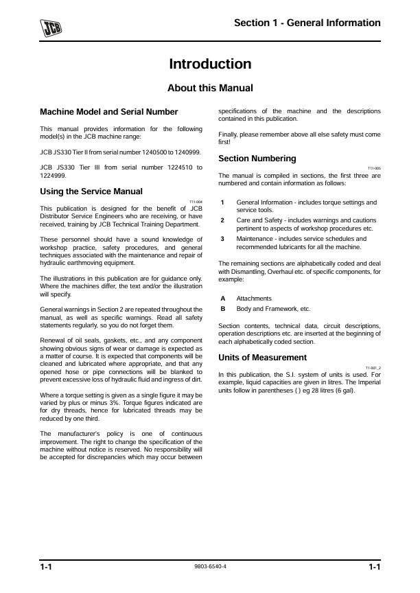 JCB JS330 Maintenance, Repair & Troubleshooting Manual PDF