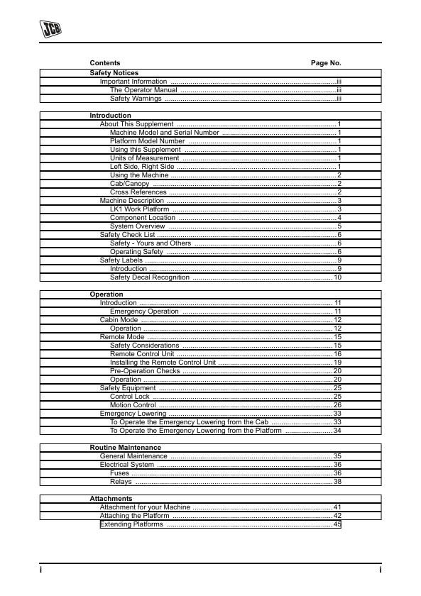 JCB LK1 Work Platform with Motion Control Operator Manual PDF