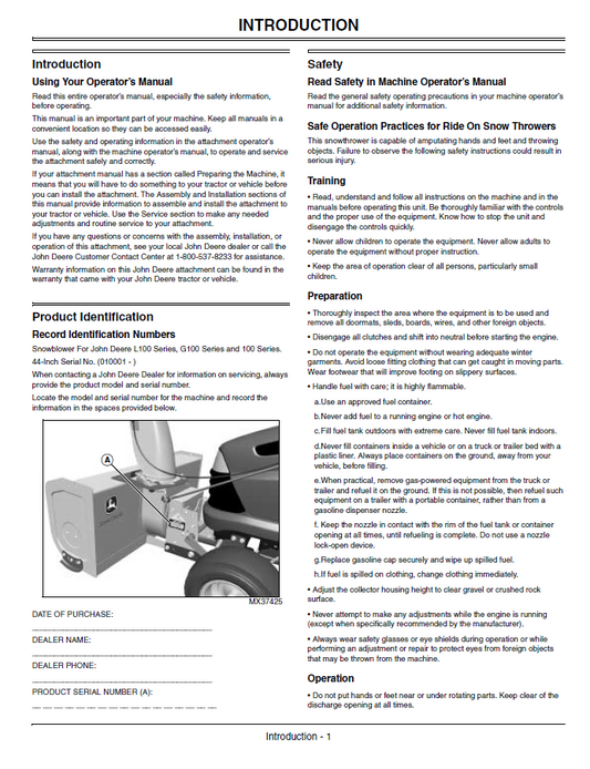 JOHN DEERE SNOWBLOWER 44-INCH OPERATOR MANUAL OMM152248