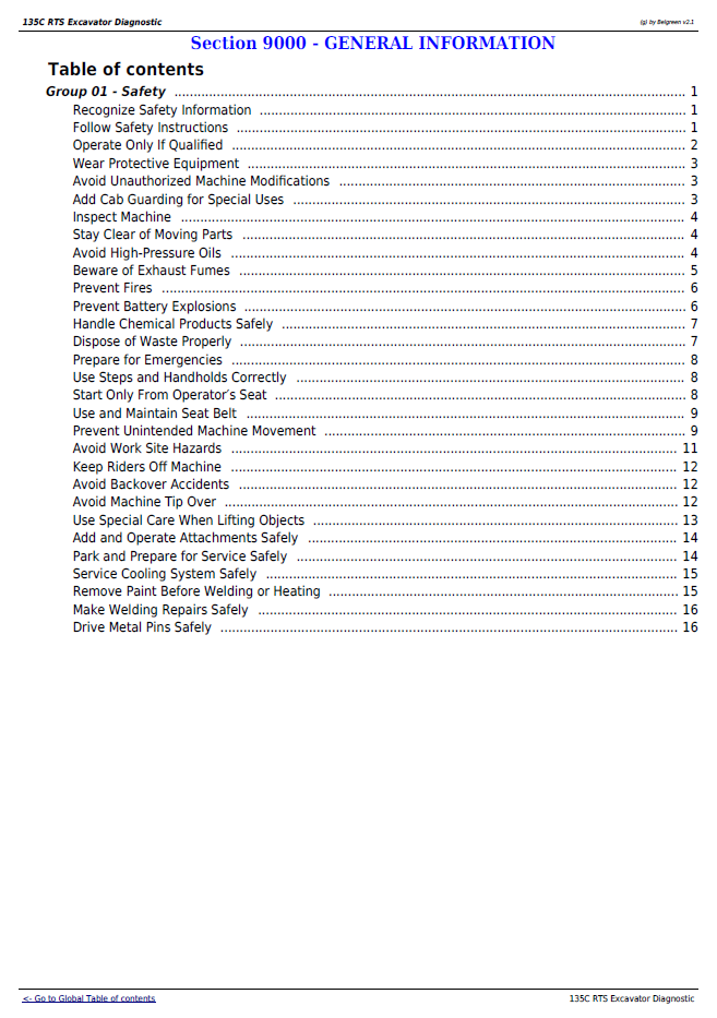 John Deere 135C RTS Excavator Workshop Test Manual TM2093
