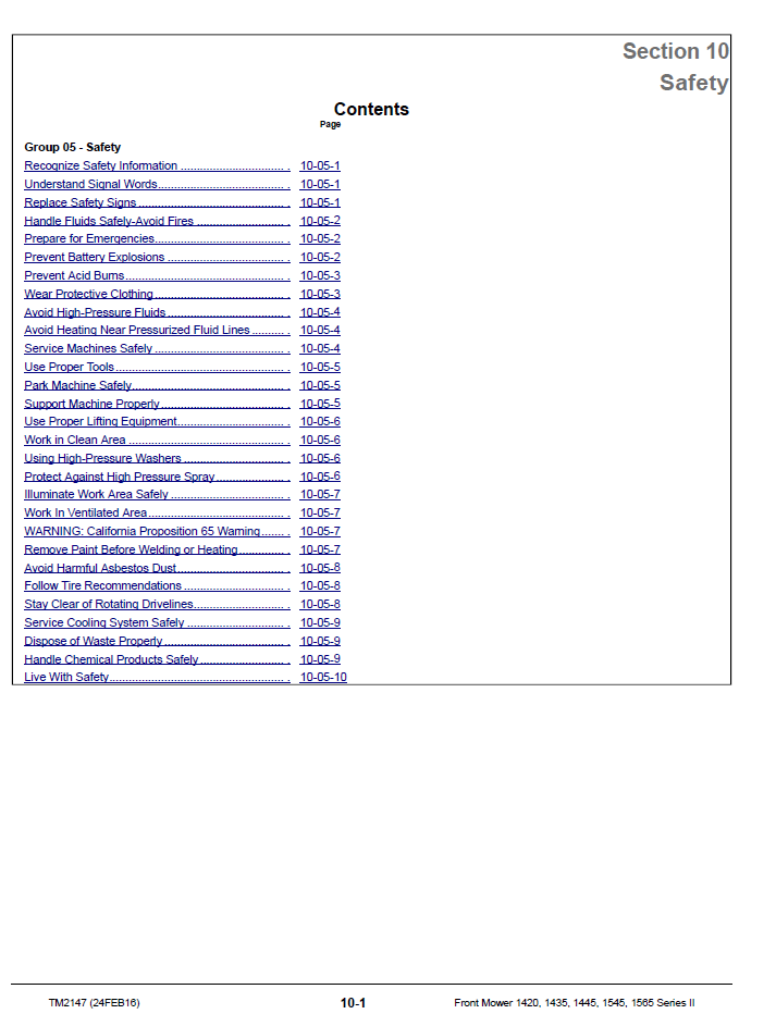 John Deere 1400 Series Front Mower Workshop Manual TM2147