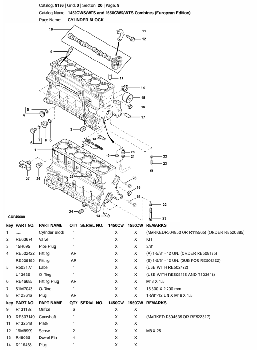 John Deere 1450 1550 CWS Harvester Replacement Parts Manual PDF