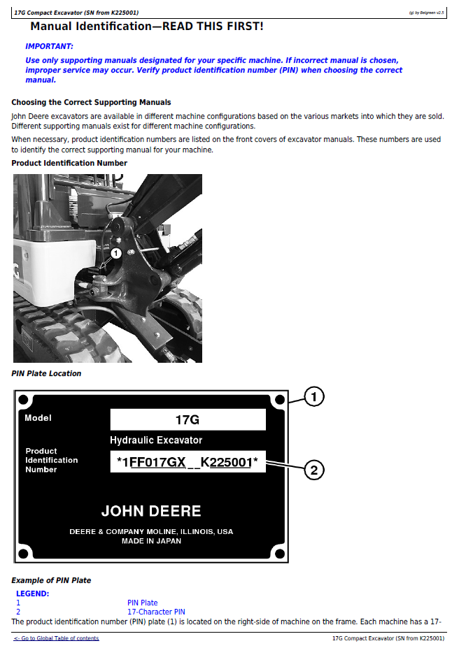 John Deere 17G Excavator Service Manual – Complete Diagnostic Operation & Testing Guide