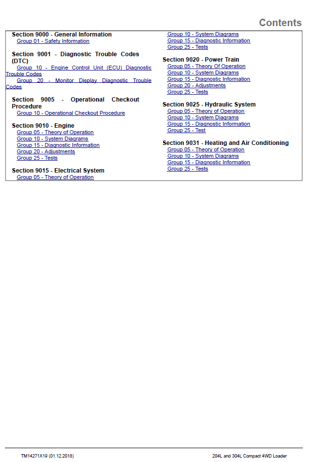 John Deere 204L 304L Compact 4WD Loader Diagnostic Test Manual TM14271X19