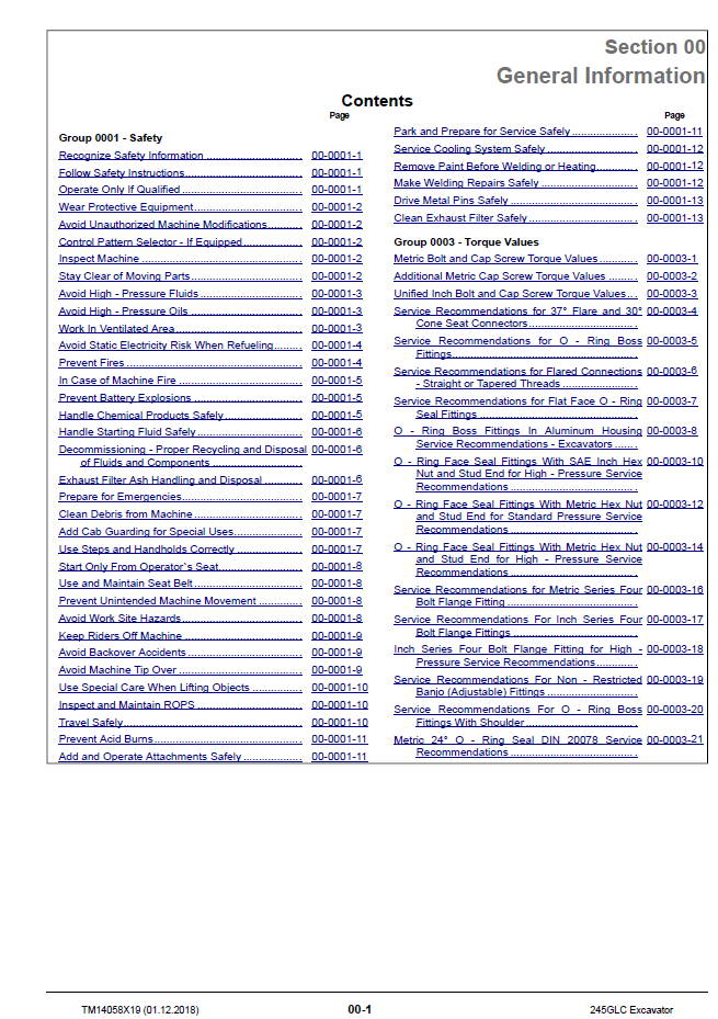 John Deere 245GLC Excavator Troubleshooting & Maintenance Manual TM14058X19