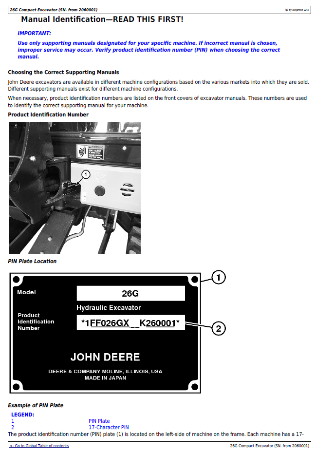 John Deere 26G Excavator Testing & Operation Manual TM13323X19