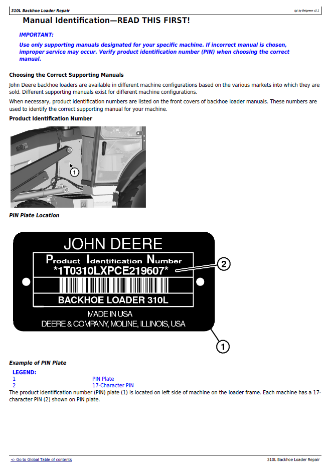John Deere 310L Backhoe Loader Troubleshooting & Maintenance Manual TM13294X19