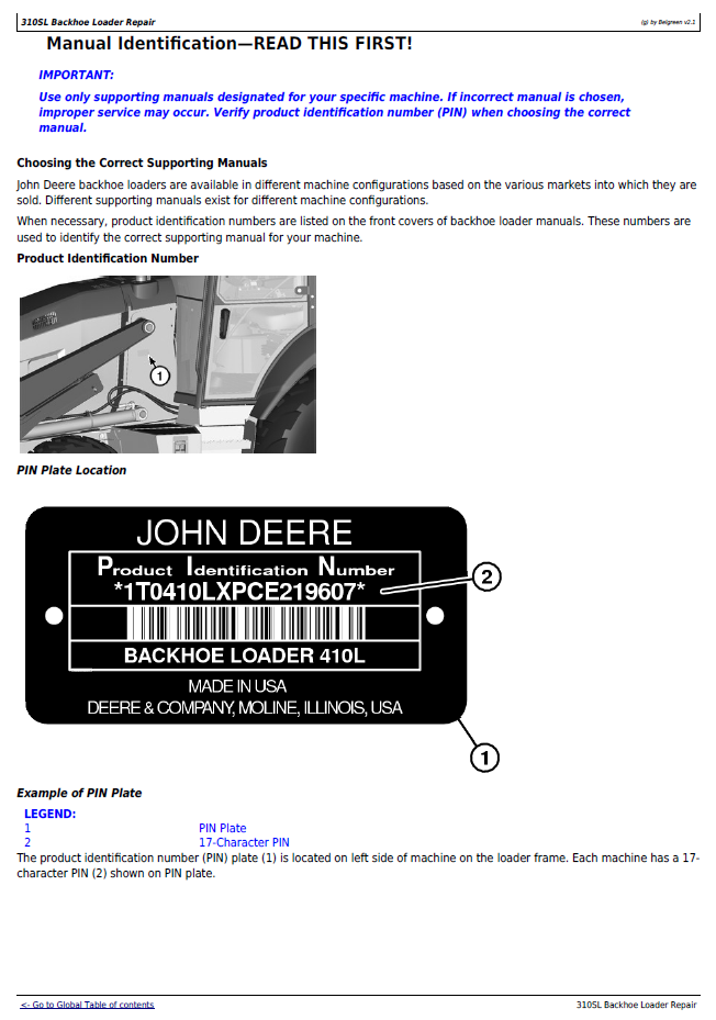 John Deere 310SL Backhoe Loader Repair, Diagnostic & Maintenance Manual TM13296X19