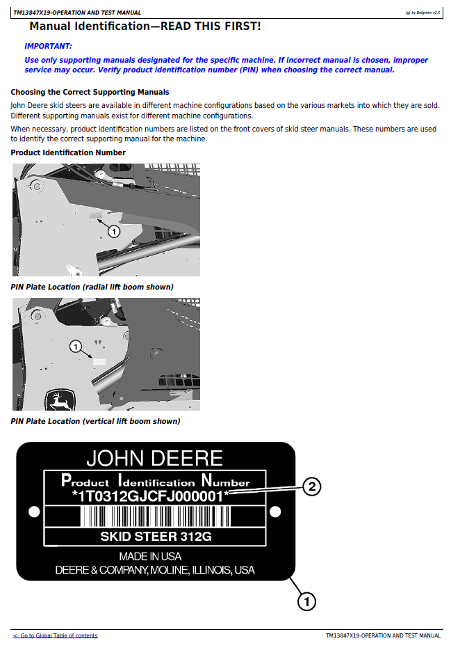 John Deere 312GR and 314G Loader Repair Troubleshooting Manual TM13847X19