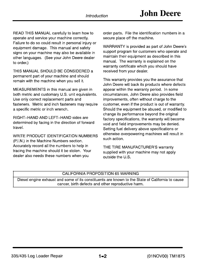 John Deere 335/435 Log Loader Repair & Service Technical Manual