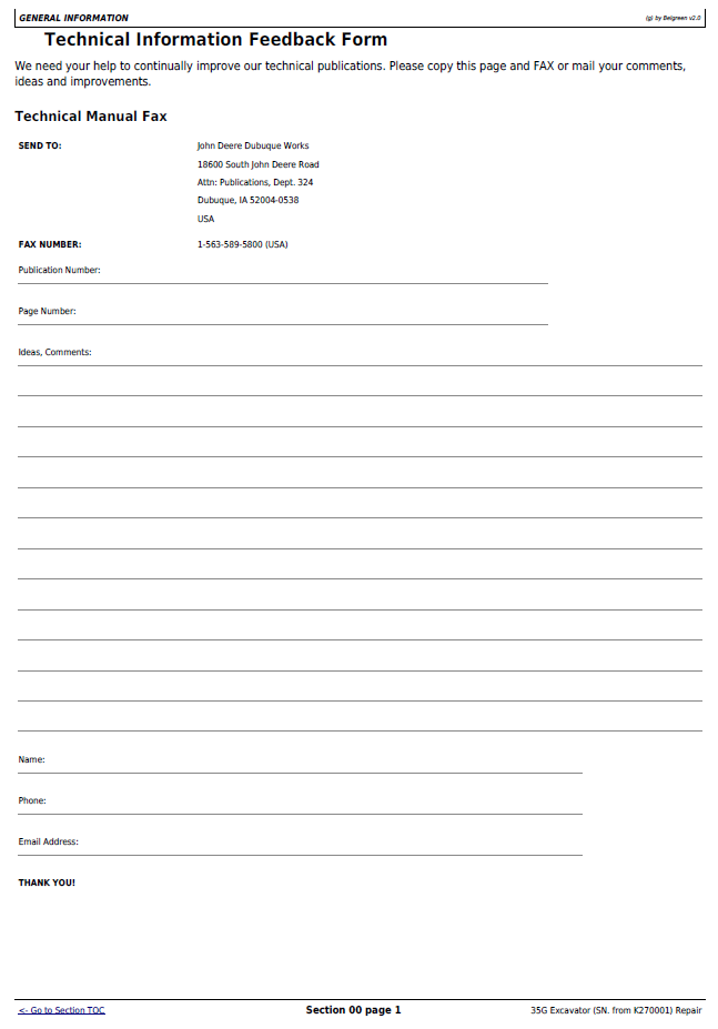 John Deere 35G Excavator Maintenance & Repair Manual TM12894