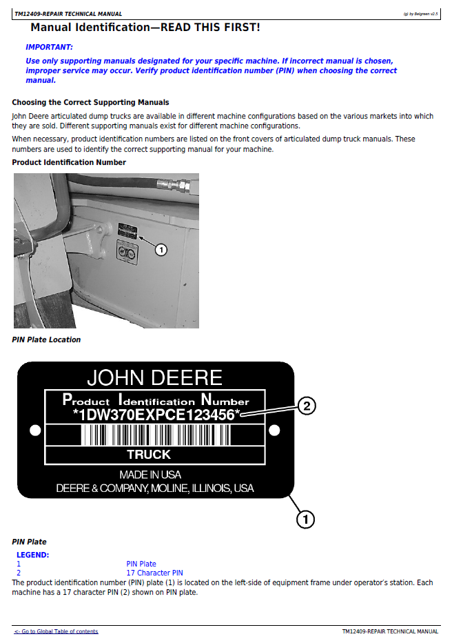 John Deere 370E 410E 460E Dump Truck Repair & Diagnostic Manual TM12409