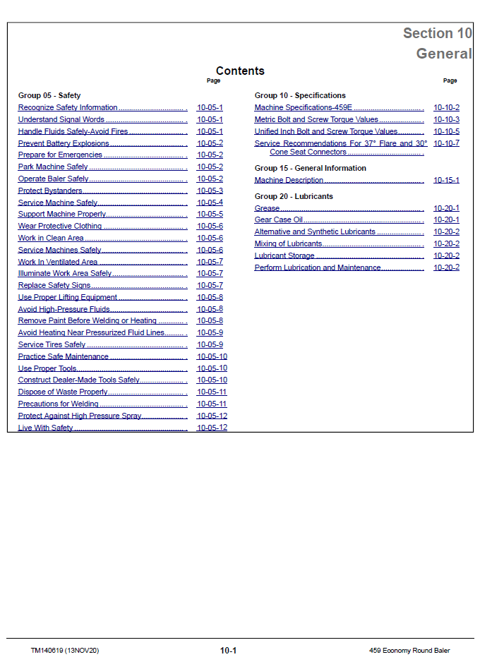 John Deere 459 Economy Round Balers Diagnostic & Repair Manual