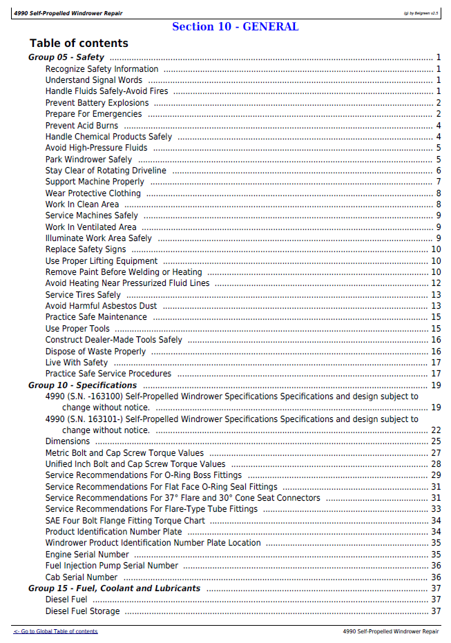 John Deere 4990 Self-Propelled Windrower Service Manual TM1819