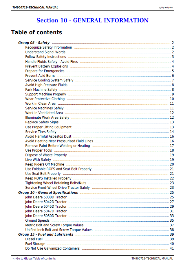 John Deere 5038D 5042D 5045D 5047D 5050D Tractor Technical Manual (TM900719) PDF