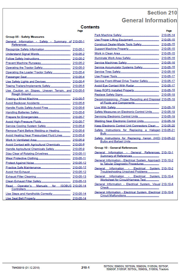John Deere 5075GV-5100GL Tractor Troubleshooting Manual PDF TM409919