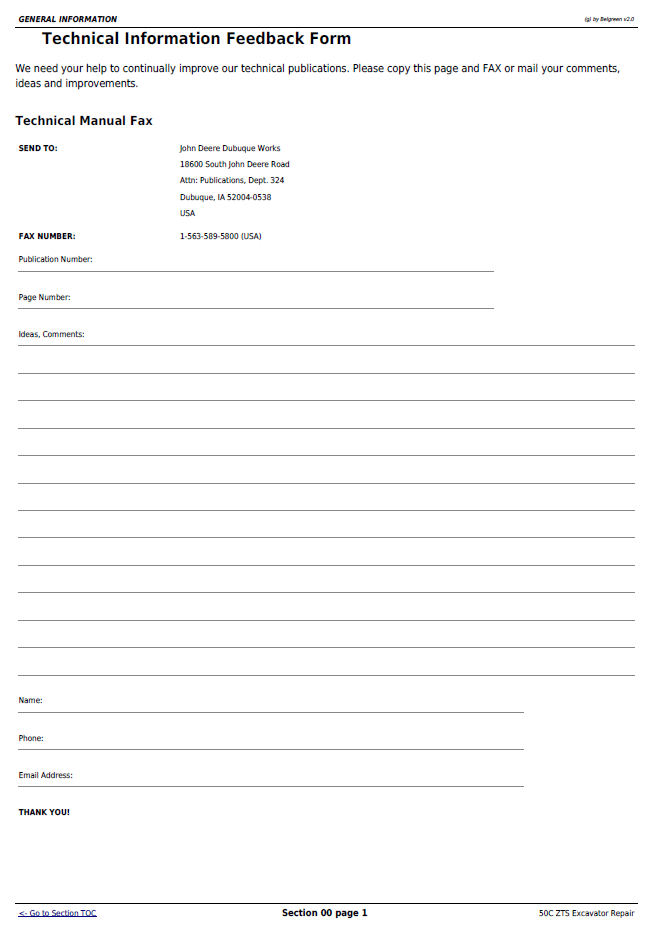 John Deere 50C ZTS Excavator Maintenance & Repair Manual TM2057