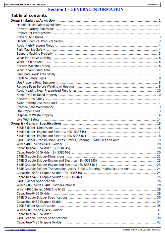 John Deere 540E 640E 740E Skidder Repair Diagnostic Manual TM1485 Guide