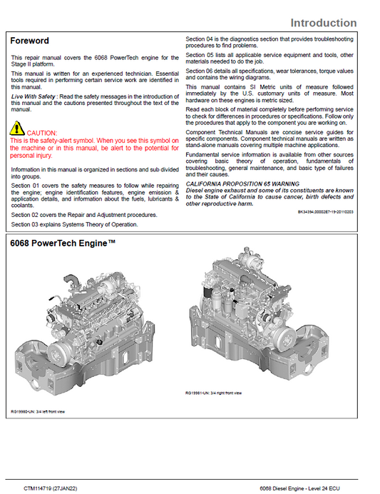 John Deere 6068 Engine Level 24 ECU Technical Service Manual CTM114719