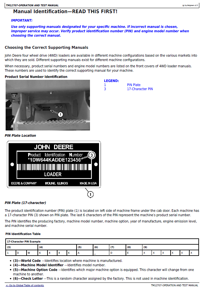 John Deere 644K Hybrid 4WD Loader Operation & Testing Manual TM12707