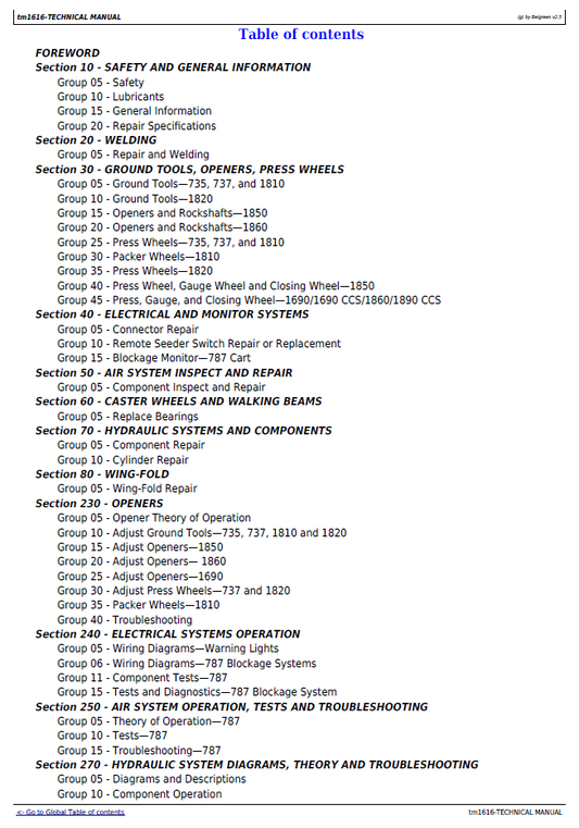 John Deere 737 735 787 1850 1860 Air Seeder TM1616 Service Manual