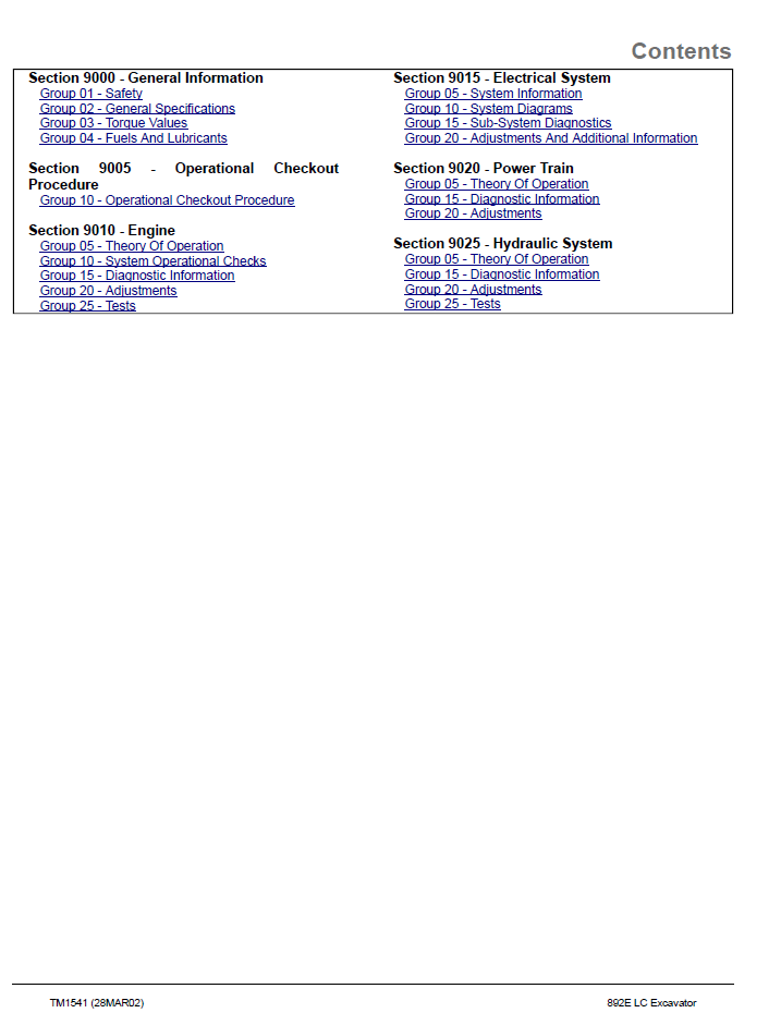 John Deere 892E LC Excavator Operation and Test Manual TM1541 Download Guide