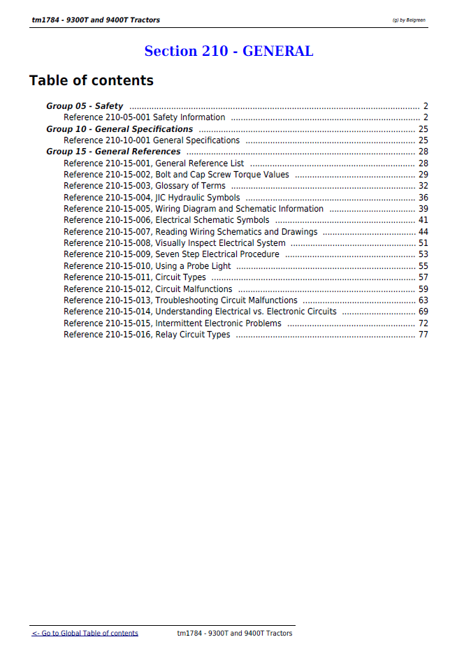 John Deere 9300T and 9400T Tractor Troubleshooting Manual TM1784
