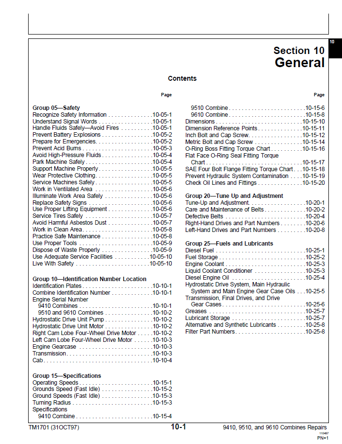 John Deere 9410 9510 9610 Combine Repair Manual TM1701 PDF