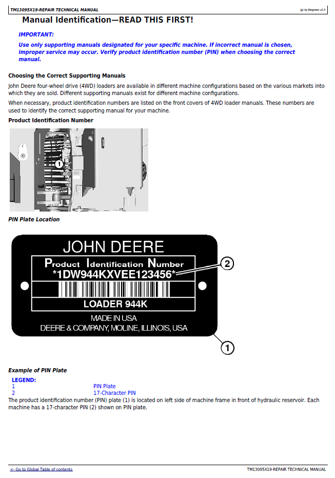 John Deere 944K Hybrid 4WD Loader Repair, Maintenance & Service Manual TM13095X19