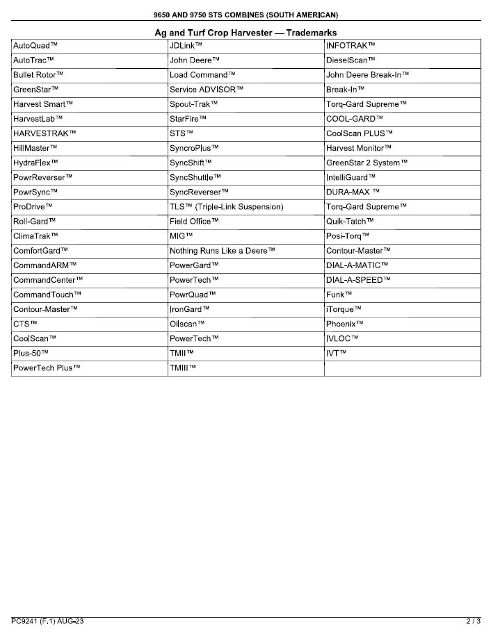 John Deere 9650 STS Combine PC9241 Full Parts Catalogue & Component List