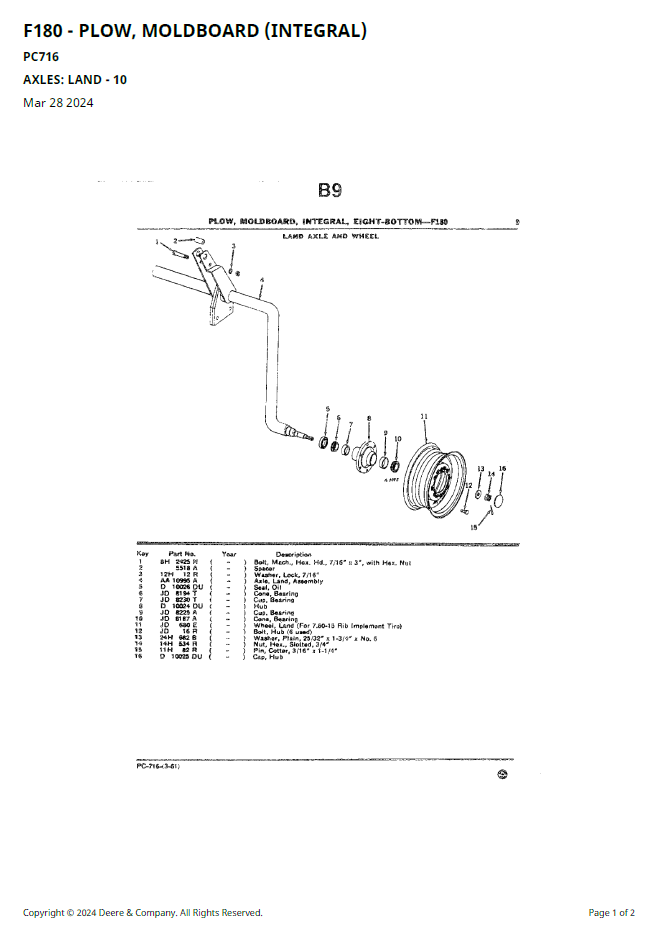 John Deere F180 Moldboard Integral Plow Illustrated Parts Catalog PC716
