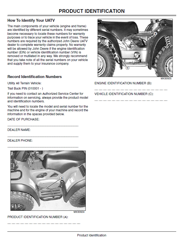 John Deere OMC219000326 Utility All Terrain Vehicle Owner Manual
