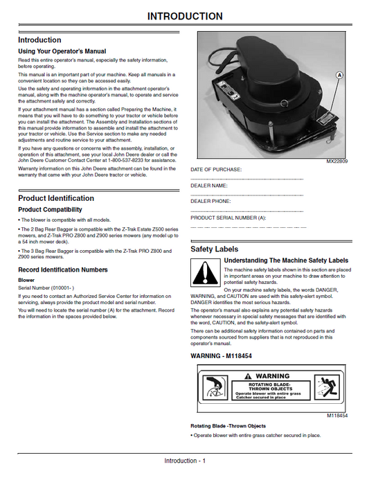 John Deere OMTCU24344 Blower Rear Bagger Material Collection Manual