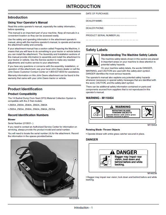 John Deere OMTCU25046 14 Bushel Blower & Hopper Dump Operator Manual