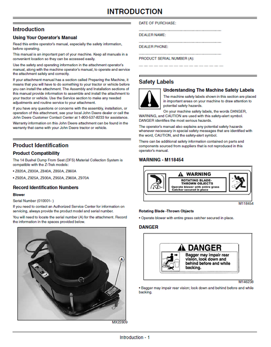 John Deere OMTCU25046 Blower and Rear Hopper Dump Manual 14-Bushel